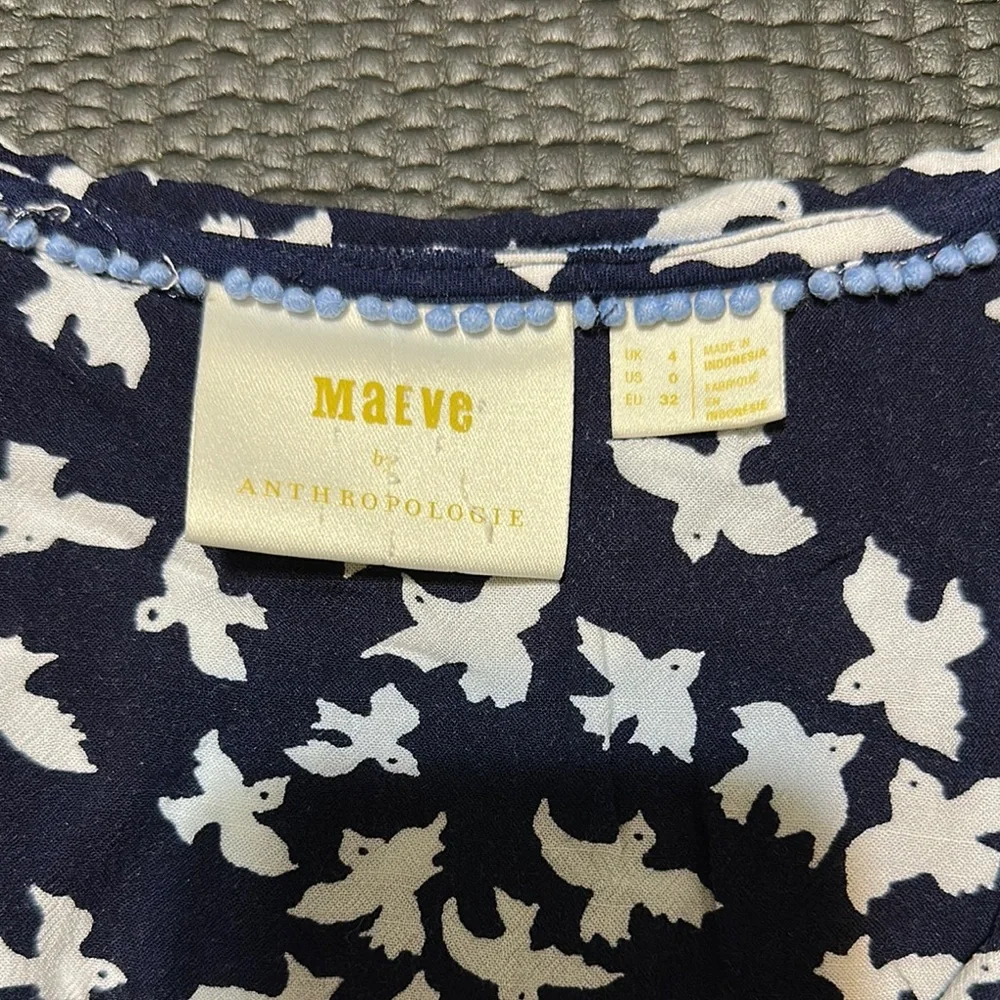 Maeve by Anthropologie Navy Blue Blouse with White Bird Print - Picture 2 of 7
